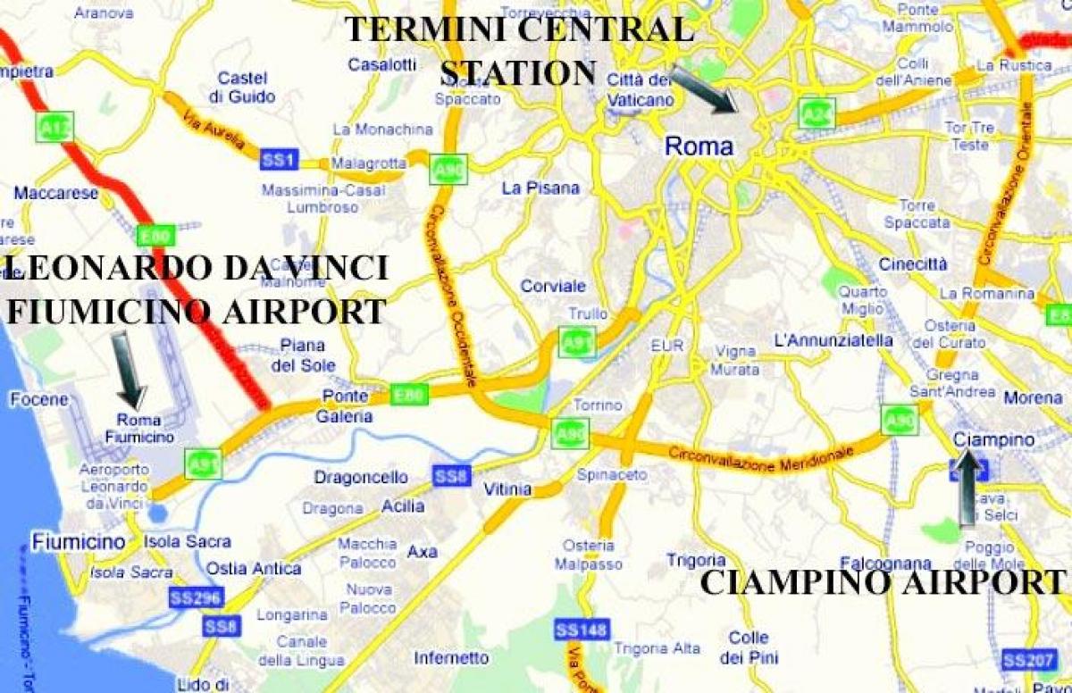 map of Rome showing airports